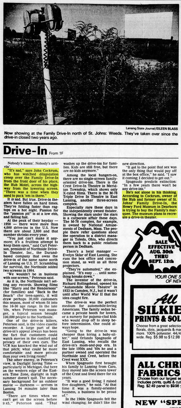 Family Drive-In Theatre - Aug 30 1987 Article On Closing Of Drive-Ins